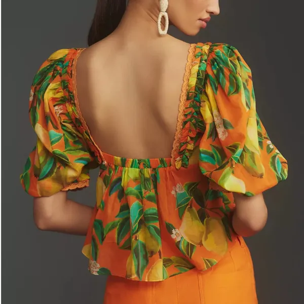 FARM Rio Chic Pearls S/L Blouse in Chic Pear Orange sz small NWT - Image 2