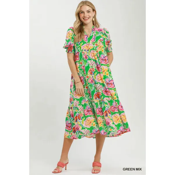 Umgee Floral Print Puff Sleeve Tiered Midi Dress -‎ Green Mix - Large - Image 2