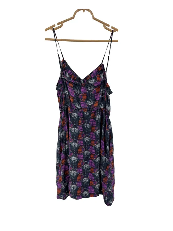 Ecote Multicolor Printed Mini Dress M 100% silk button front colorful pockets - Image 2