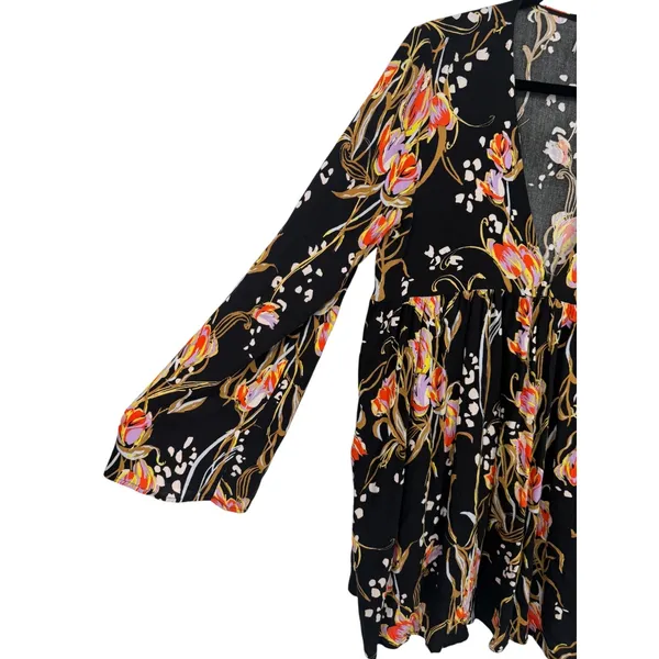 Free People‎ Bella Floral Babydoll Tunic Top Mini Dress Black V-Neck Size Medium - Image 10