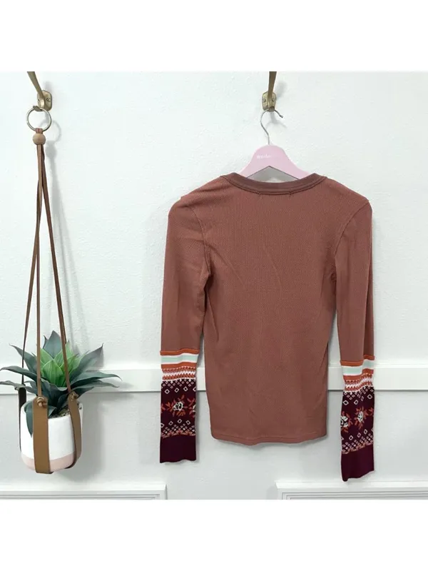 Free People Mikah Notch Neck Long Sleeve Blouse Autumn Orange Thermal Size S - Image 6