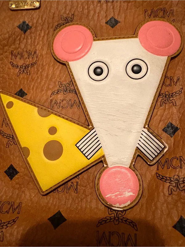 MCM Cognac Year of the mouse Visetos Tote‎ with Yellow Cheese & Pink Mouse Patch - Image 3