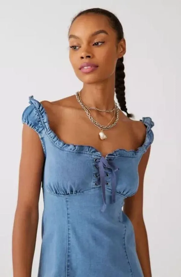 Urban Outfitters Nayda Denim Ruffle Lace up Stretch Mini Dress womens XS new - Image 5