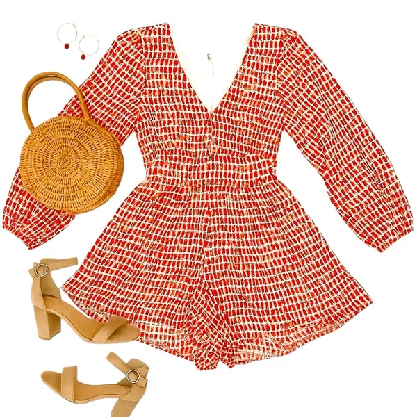 Altar’d State Orange Red Plaid Smocked Romper Women’s Medium Balloon Sleeve EUC - Image 6