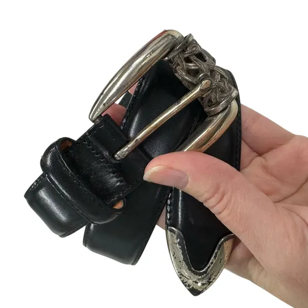 Brighton Vintage Black Leather & Silver Tone Belt Womens S Boho Chunky Western - Image 2