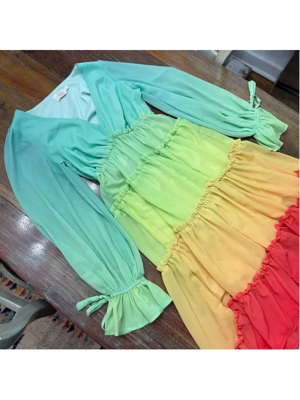 Champagne & Strawberry Rainbow Colorblock Tiered High Low Dress XS Chiffon Ombré - Image 2