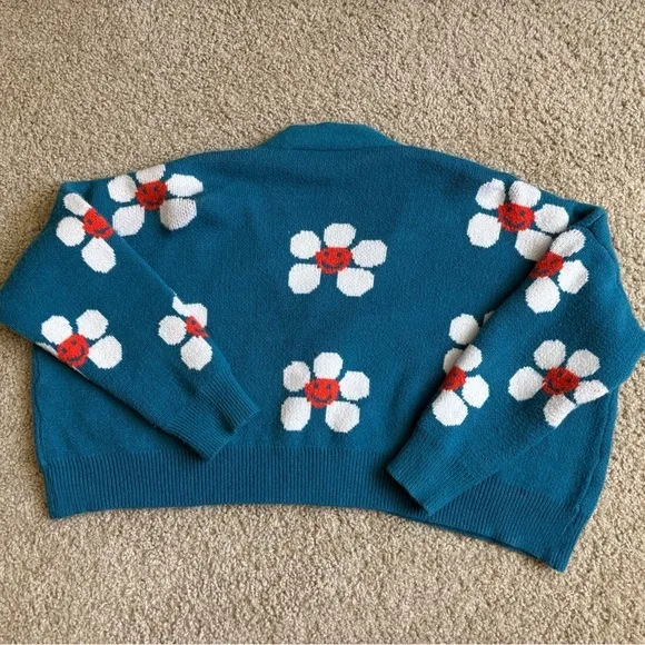 Cute Blue Knit Cardigan with Daisy Smile Flowers Kawaii‎ Y2K Cozy Top size S - Image 6