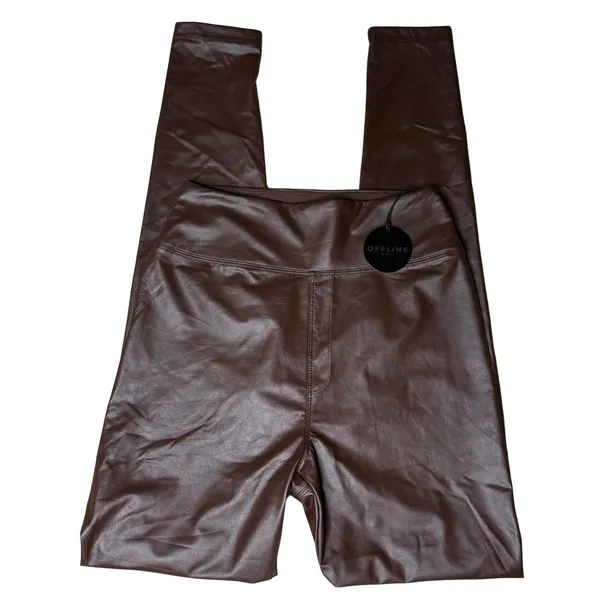 Offline By Aerie Real Luxe Faux Leather Hi Rise Leggings Size Medium Brown Chic - Image 3