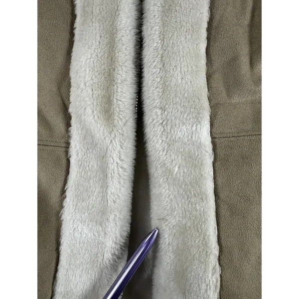 Faux‎ Suede Shearling Jacket Women Tan Faux Fur Trim Zip Up Coat - Image 8