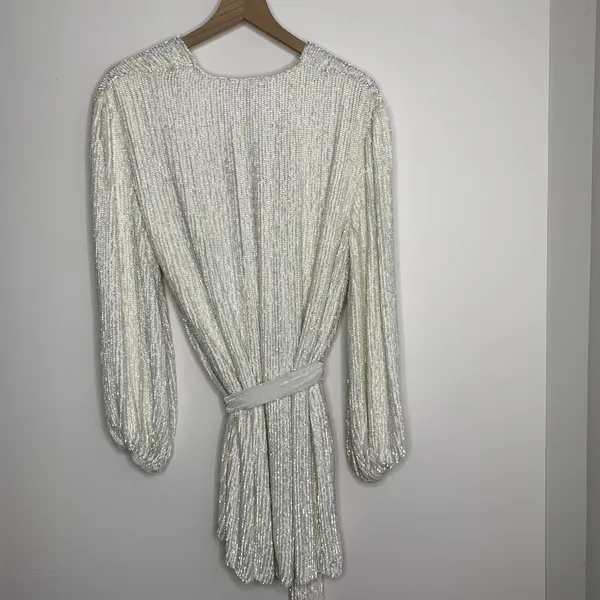 Retrofête Gabrielle Robe Sequins Wrap Mini Dress in Moonglow White Womens XS - Image 4