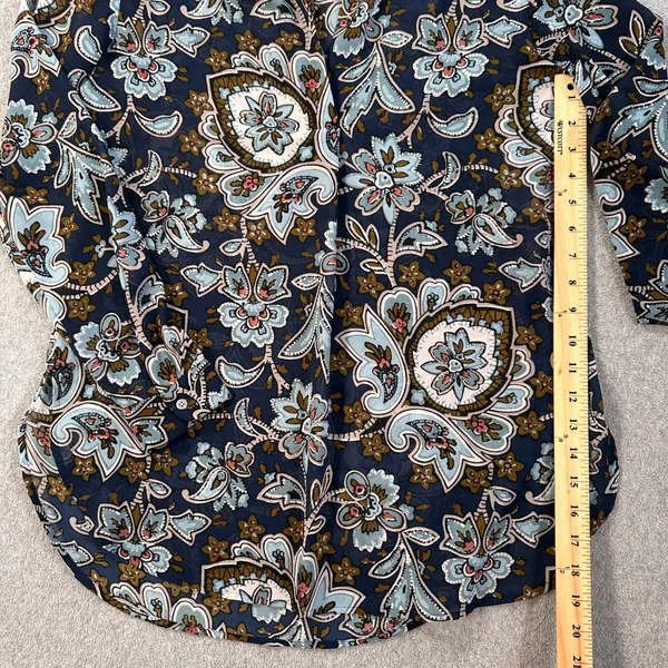 Loft Women's Small Floral Paisley Sheer Tunic Blouse Navy/Brown V-Neck - Image 5