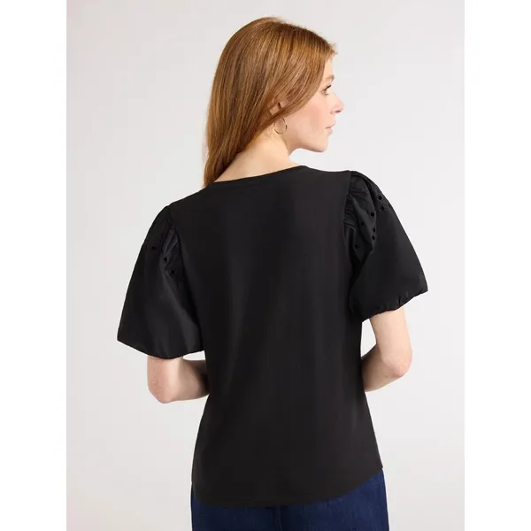 Free Assembly Womens T-Shirt Size L Black Embroidered Balloon Sleeves Elegant - Image 4