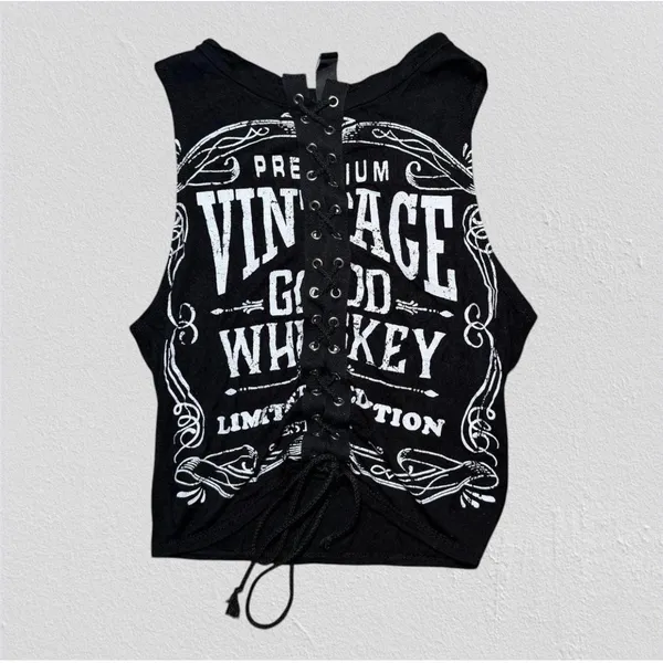 Windsor Graphic Tank Top Womens Small Black Whiskey Lace Up Front Vintage Style - Image 3