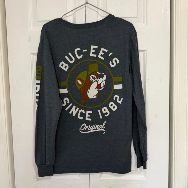 Buc-ees's Velvet Graphic Long Sleeve Gray Crewneck T-Shirt - Image 2
