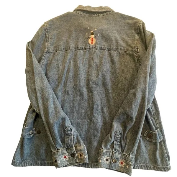 Christopher & Banks Denim Shirt Women’s M Snow Days Snowman Snowflake Embroidery - Image 2