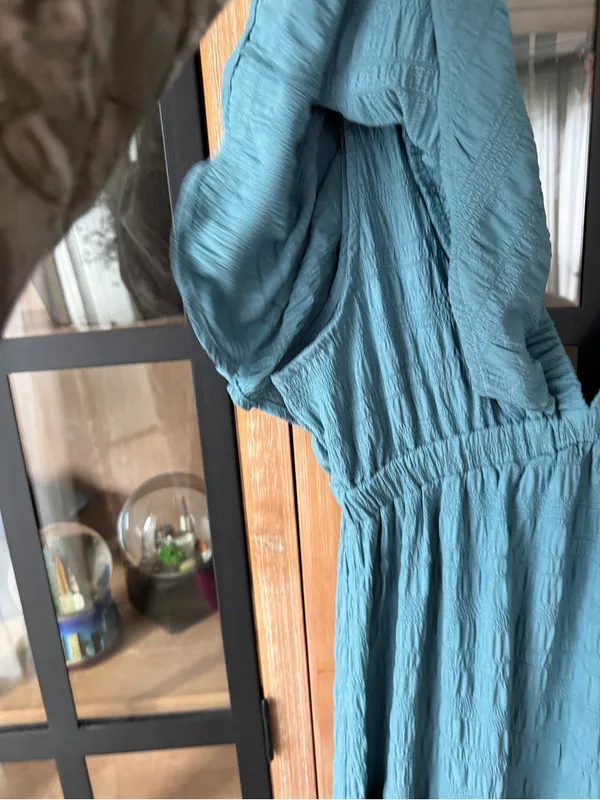 Anthropologie Teal maxi dress textured flutter short sleeve vneck ruffle tiered la la free-est - Image 6