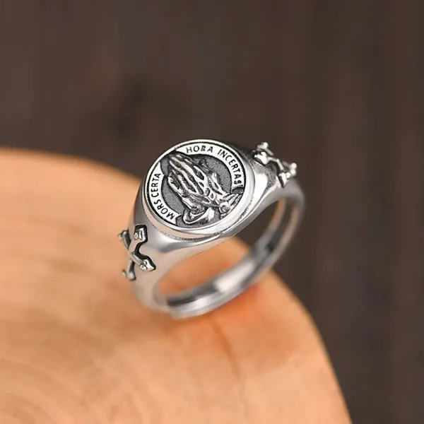 925 Silver Plated Adjustable Cross Praying Hands Ring for Men Women,Punk Hip Hop - Image 2