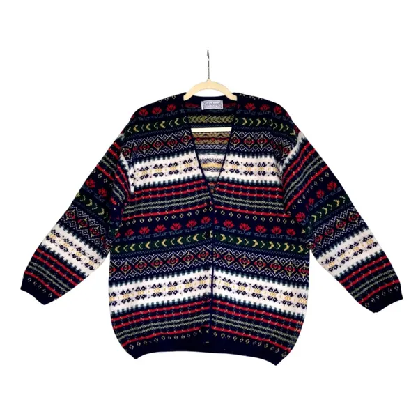 EDINBURGH Lambswool Cardigan Sz M VTG 80's Oversize Holiday Cozy Made Scotland - Image 3