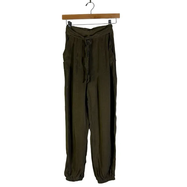 Intermix Lindy Tie Waist Pants Womens 2 Olive Green Cropped Relaxed Quiet Luxury - Image 2