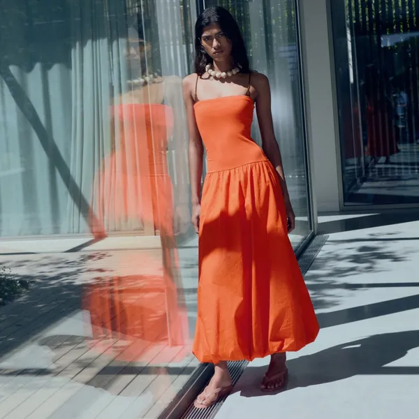 NWOT MNG MANGO Combined knitted balloon Strapless dress Bright Orange SZ-8 - Image 3