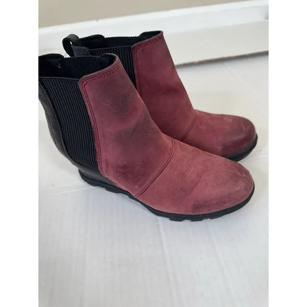 SOREL Leather Wedge Bootie Women 7.5 Red Black Hidden Heeled Joan of Arctic Boot - Image 7