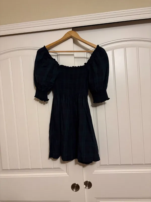 Hill House Home The Nap Dress XS Xtra Small Navy Blue and Green Plaid Smocked - Image 3