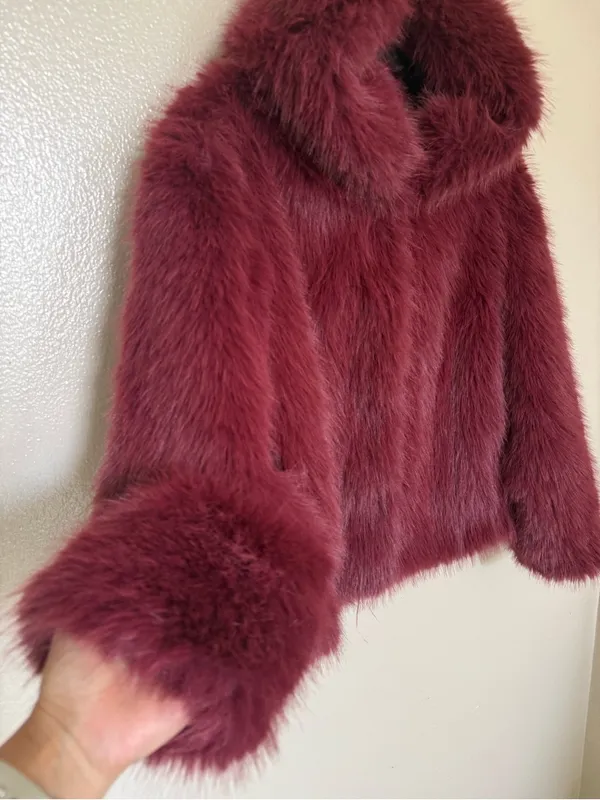 Wild Fable Burgundy Faux Fur Jacket S Y2K Mob Wife Glam Plush Coat - Image 3