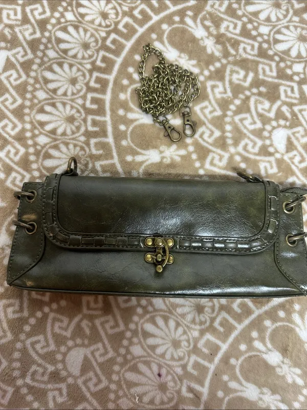 Olive Green Chain clutch Shoulder Bag with Antique Brass Hardware - Image 8