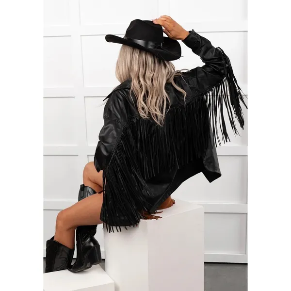 Oversized Fringe Black Button Front Faux Leather Coat Jacket Sz S Western Boho - Image 3