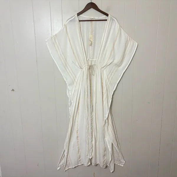 Lovestitch White Striped Kimono Cover Up S/M Boho Beach Caftan Tassel Tie - Image 9