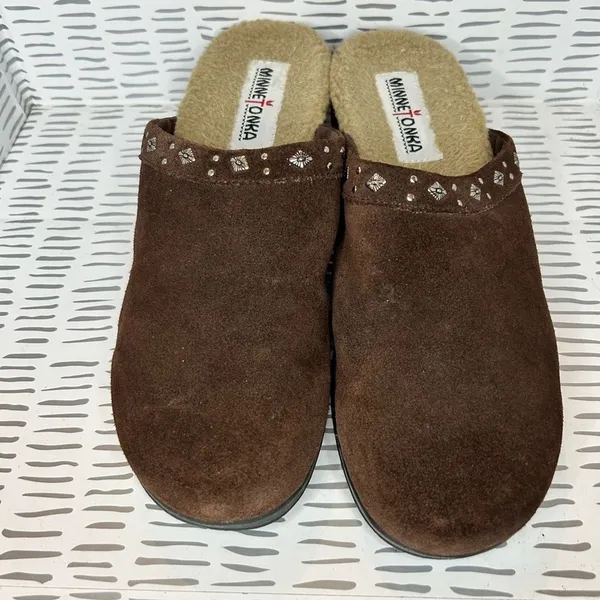 Minnetonka Womens Brown Suede Studded‎ Faux Fur Lined Clog Mules Size 9 Boho - Image 3