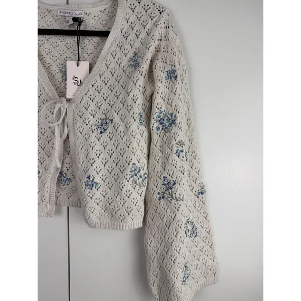 Sincerely‎ Jules Floral Embroidered Pointelle Knit Tie Front Cardigan Cream M - Image 2
