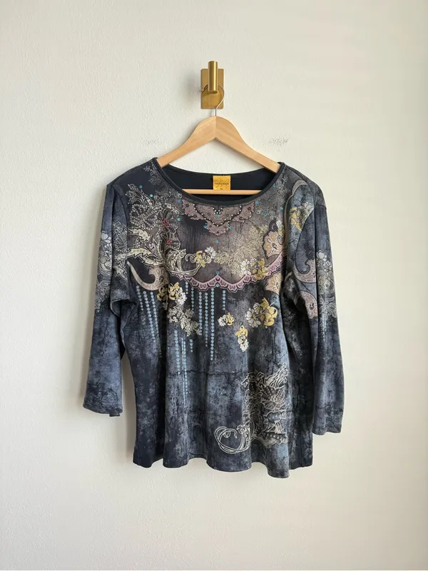 Vintage Katina Marie Y2K Rhinestone Graphic Top 3/4 Sleeve Made USA XL - Image 4