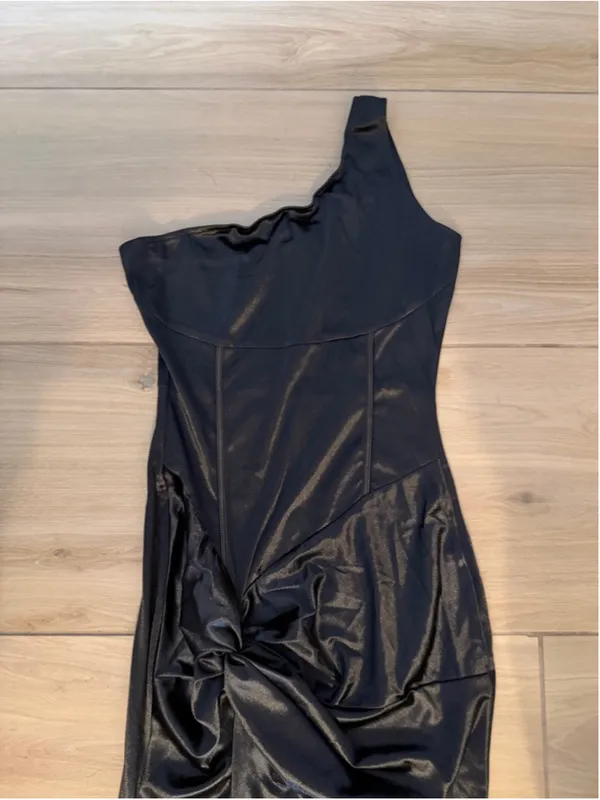 NEW Satin Formal Party Ruffle High Slit Evening Curvy Wrap Long Black Dress S - Image 7