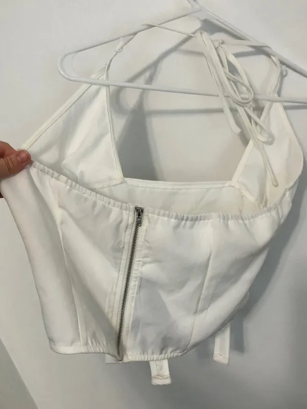 NEW NWT PRETTYLITTLETHING Woven Cross Front Cutout Stirrup Hem Top Cream Ivory 8 - Image 12