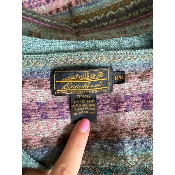 Vintage Eddie Bauer 100% Wool Cardigan Sweater Fair Isle Nordic Medium Cabin Ski - Image 4