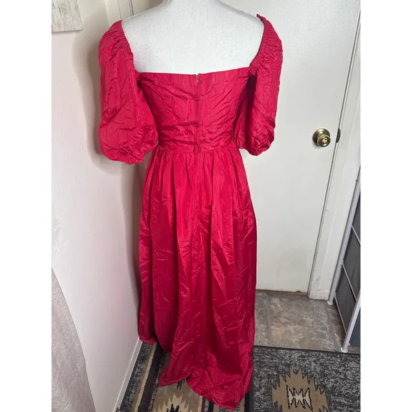 VTG 80s Romantic Red Taffeta Party Dress Puff Sleeve Square Neck Maxi Prom Gown - Image 4