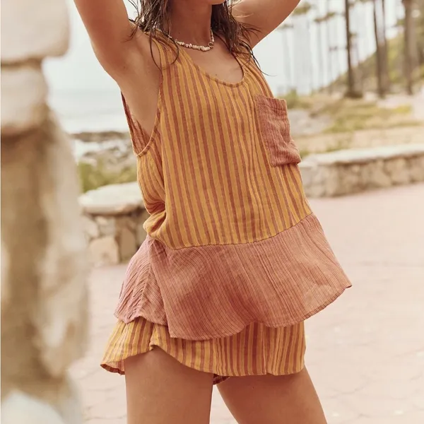 NWOT Free People Annabelle Set in Brown 2Pcs Set Top Bottom Yellow - Image 7