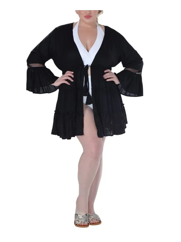 NWT Raviya Lace-Inset Eyelet-Flounce Cover-Up 76301X Black 1X - Image 3