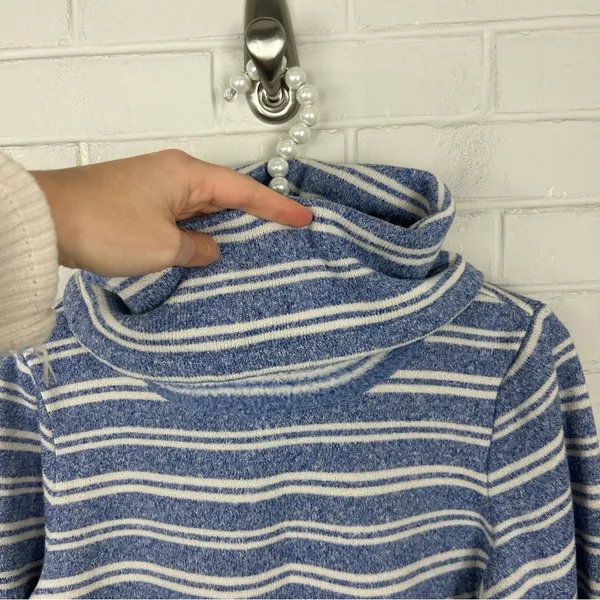 L.L.Bean Blue & White Striped Knit Cowl Neck Sweater Size S - Image 7