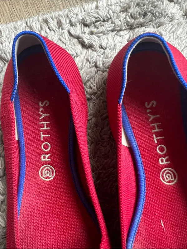 Rothy's Red Knit Pointed Ballet Flats with Blue Trim - Image 5