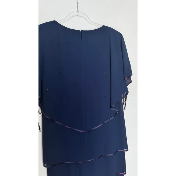 Late 1980s–1990s Patra Blue Chiffon Cape Overlay Beaded Dress Midi XL - Image 14