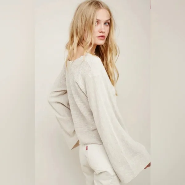 Free People Starman Cream Ribbed Bell Sleeve V‎ Neck Pullover Sweater L - Image 2