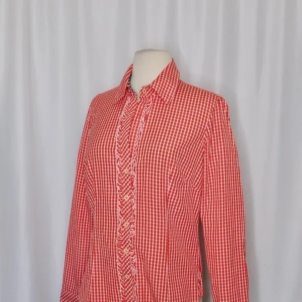 LILLY PULITZER Red White Blue Gingham Plaid Ruffled Buttondown Top Blouse Size 6 - Image 5