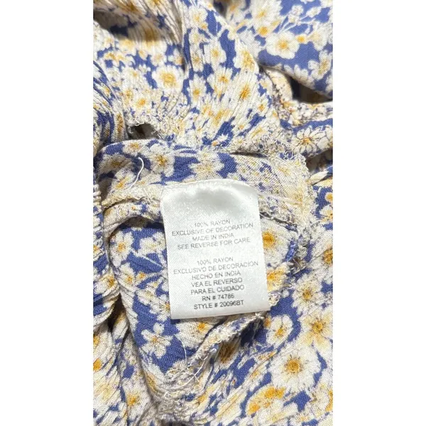 Patrons of Peace Blue Yellow Ditsy Floral Peasant Blouse Boho Size Medium - Image 7