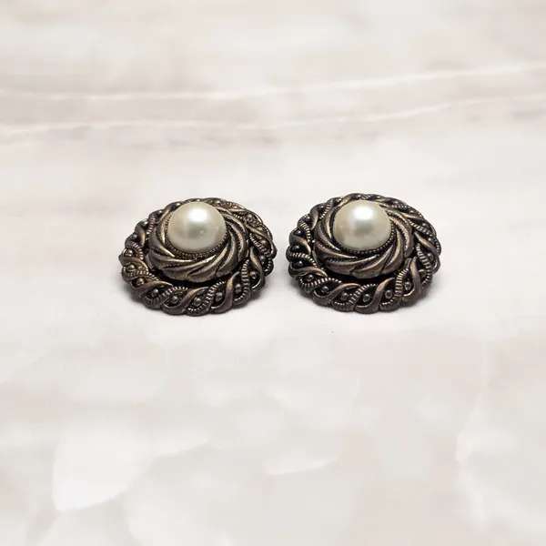 Vintage Clip On Earrings Large Chunky Statement Dark Bronzeish Tone Faux Pearl - Image 3
