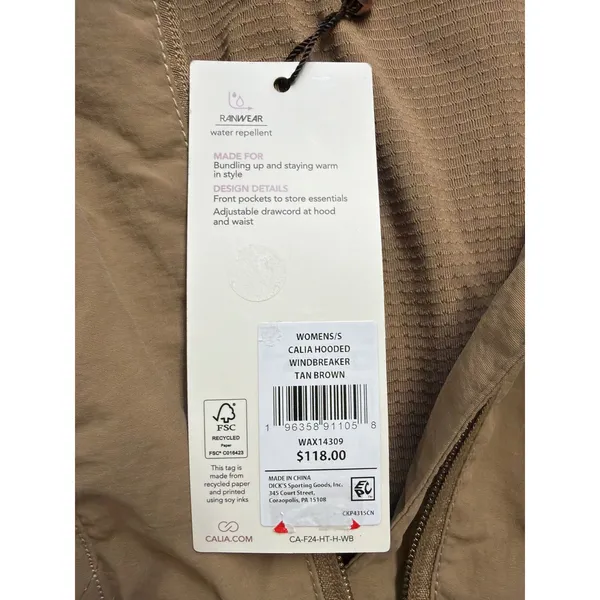 CALIA Hooded Windbreaker Tan Brown‎ Water Repellent Jacket WAX14309 Womens S NEW - Image 4