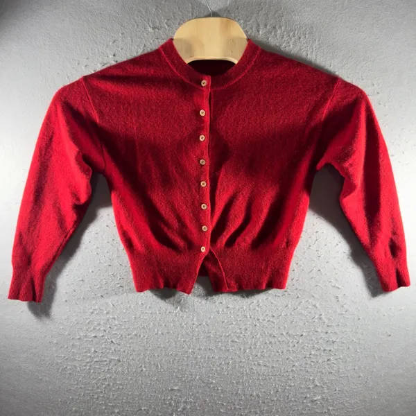 3075 | 100% Wool Cropped Cardigan Sweater Red Button Front Crew Neck Womens S - Image 5