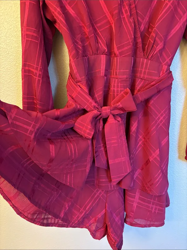 Selfie Leslie Burgundy Red V-Neck Ruffled Mini Romper - Image 5