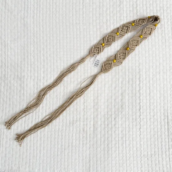 NWT Macrame Boho Woven Rattan Straw Rope Braid Waist Belt Khaki Tan - Image 7